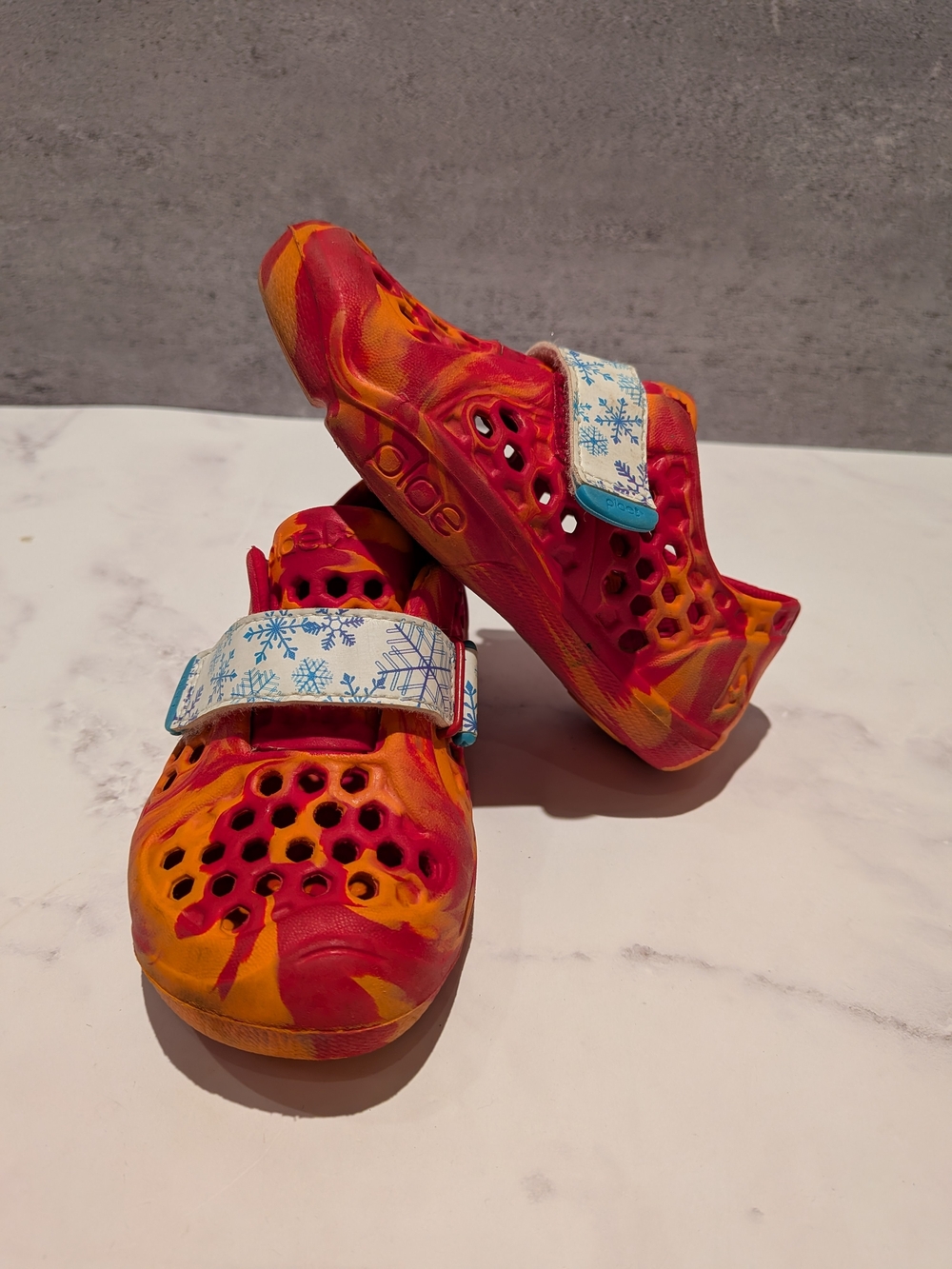 Kids Plae Slip-On Clog in Red and Orange with Blue Strap